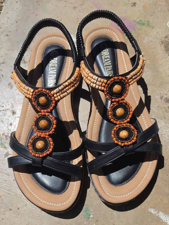 Dream Pairs Shoes - Dream Pairs Black Sandals with Orange and Tan Beaded T-Strap